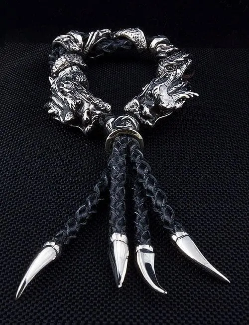 Genuine Leather Dragon Sterling Silver Men's Bracelet