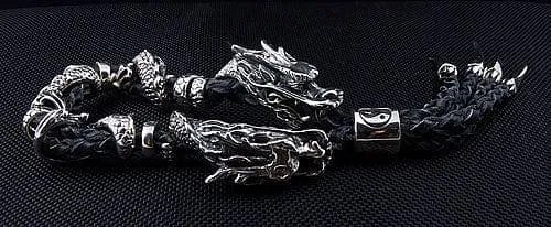 Genuine Leather Dragon Sterling Silver Men's Bracelet