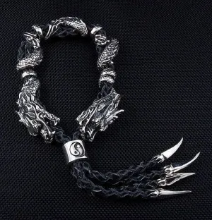 Genuine Leather Dragon Sterling Silver Men's Bracelet
