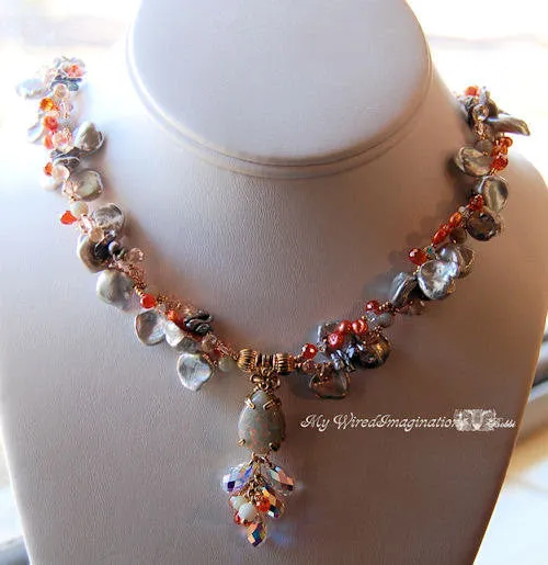 Genuine Opal Necklace and Earrings Set, Wire Wrap Pendant Necklace & Earrings