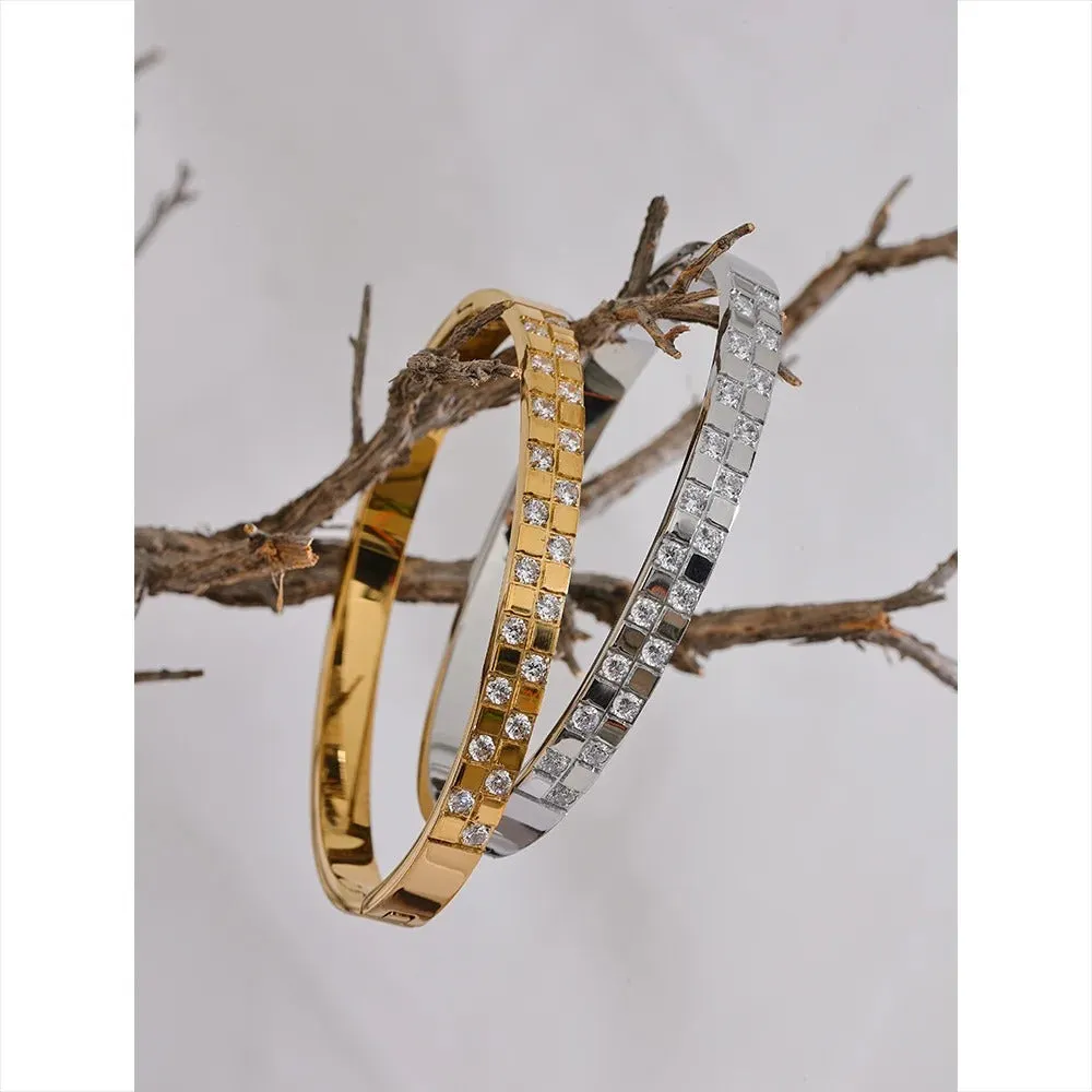 Gleaming Cubic Zirconia Wide Stainless Steel Bracelet Bangle