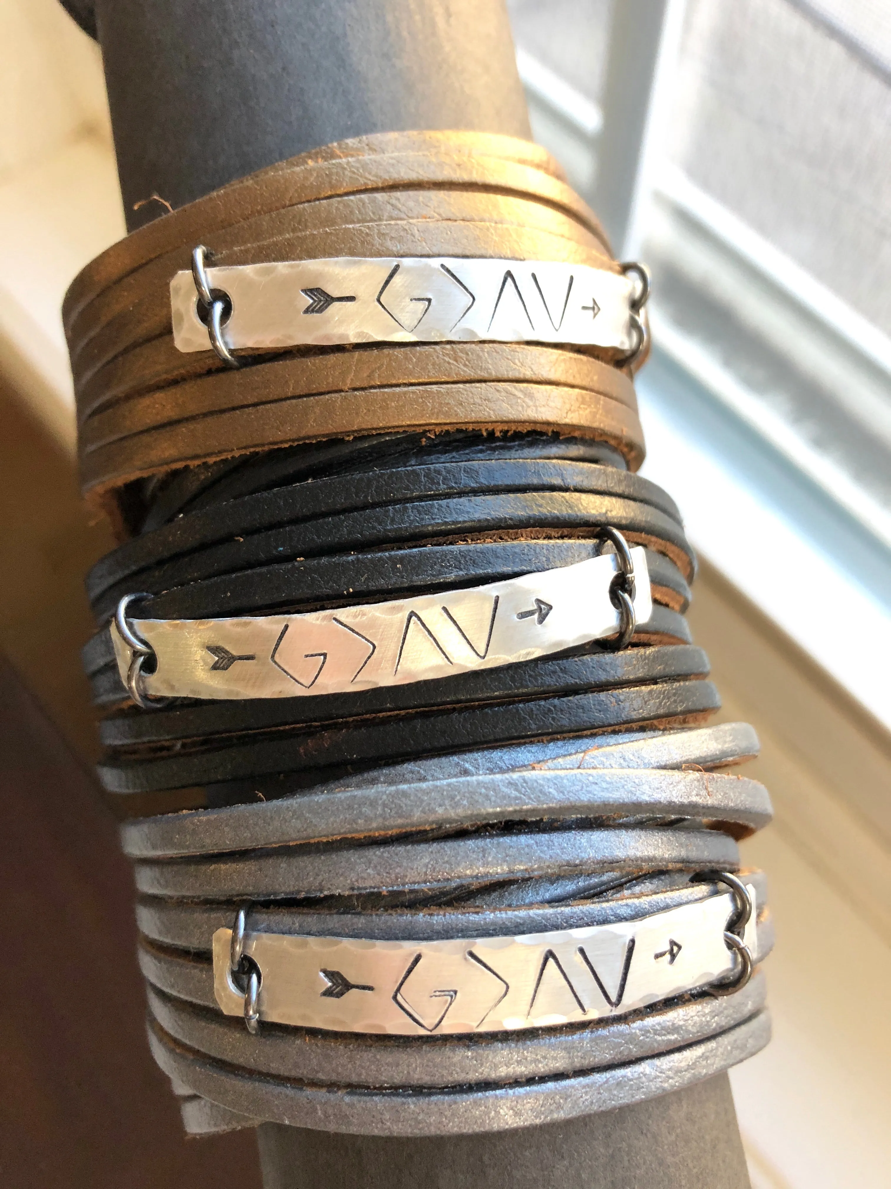 GOD IS GREATER Leather Double Wrap, Silver Bar Bracelet, 11 Colors, adjustable