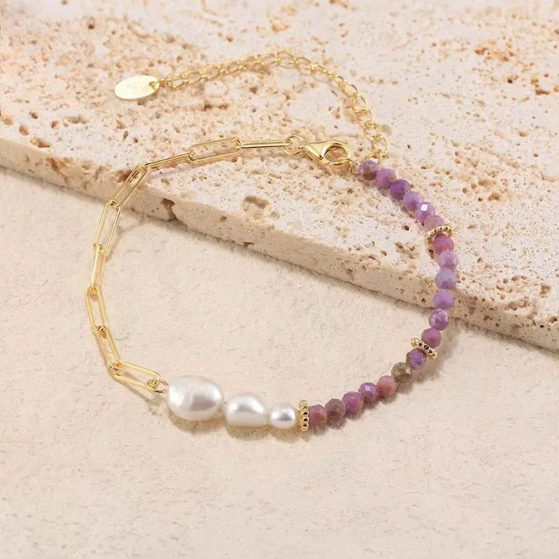 Gold 925 Sterling Silver Purple Mica Bracelet with Natural Pearls for Women