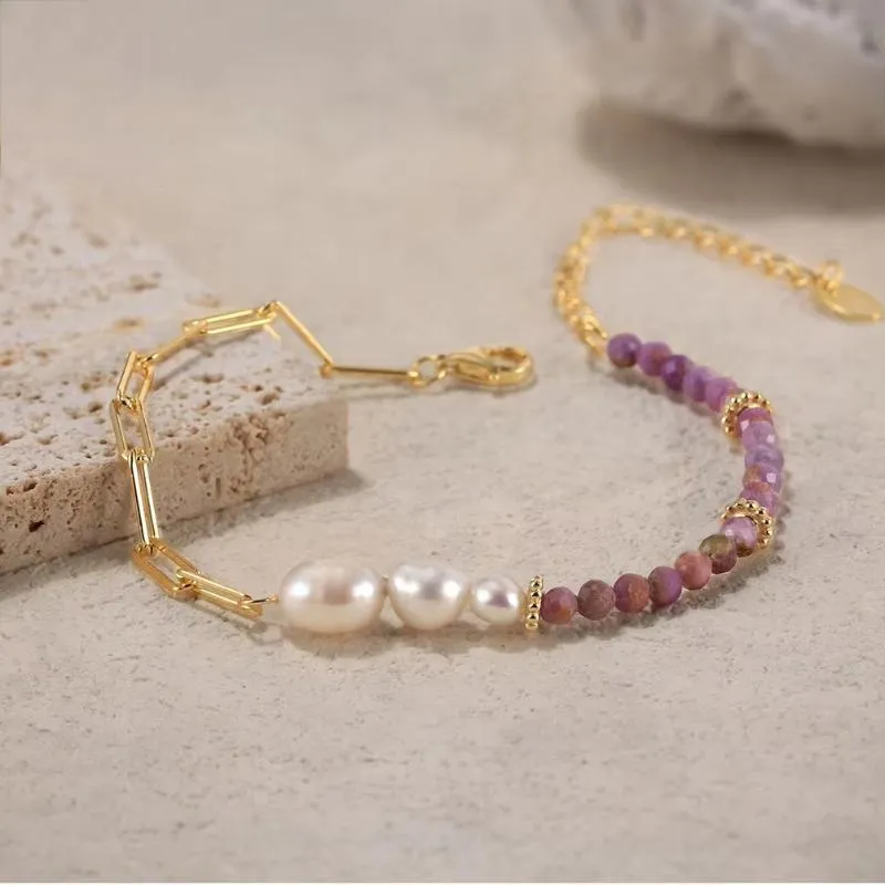 Gold 925 Sterling Silver Purple Mica Bracelet with Natural Pearls for Women