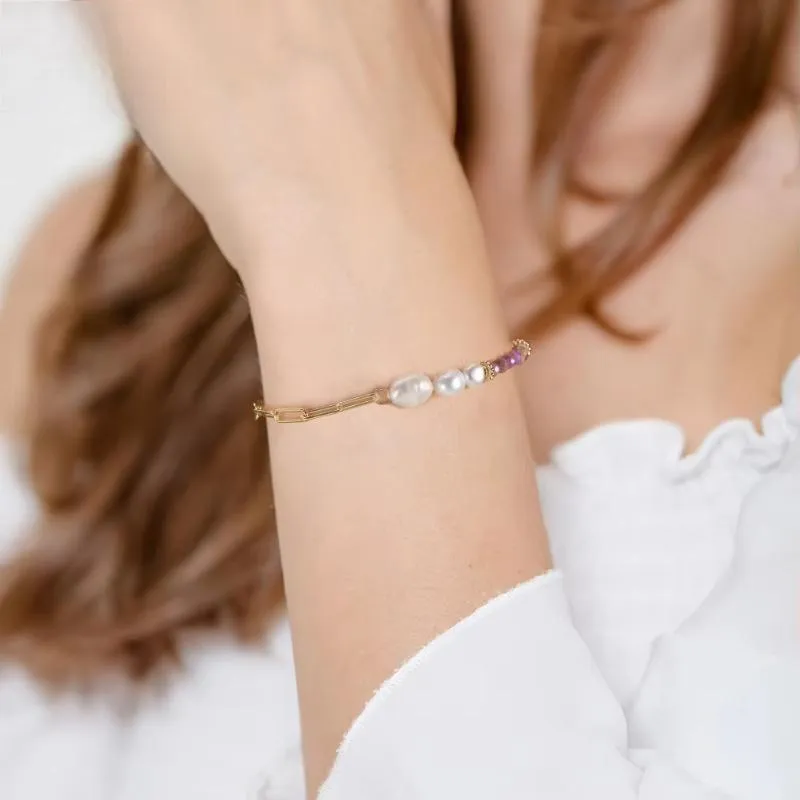 Gold 925 Sterling Silver Purple Mica Bracelet with Natural Pearls for Women
