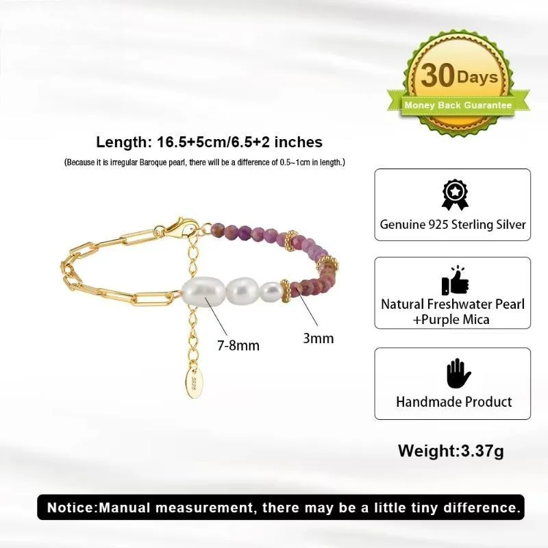 Gold 925 Sterling Silver Purple Mica Bracelet with Natural Pearls for Women