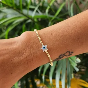 Gold Filled Evil Eye Opal Protection Bracelet  Good Luck Stacking Bracelet Stretchy Jewelry