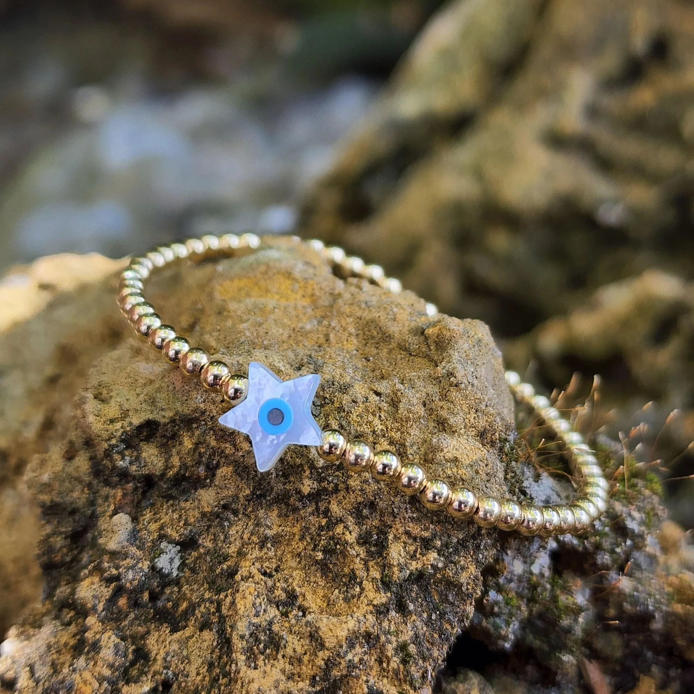 Gold Filled Evil Eye Opal Protection Bracelet  Good Luck Stacking Bracelet Stretchy Jewelry