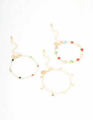 Gold Multicoloured Gem & Star Bracelets 3-Pack