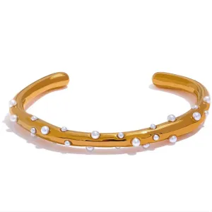 Gold-Toned Stainless Steel Open Cuff Bracelet Adorned with Sophisticated Faux Pearls