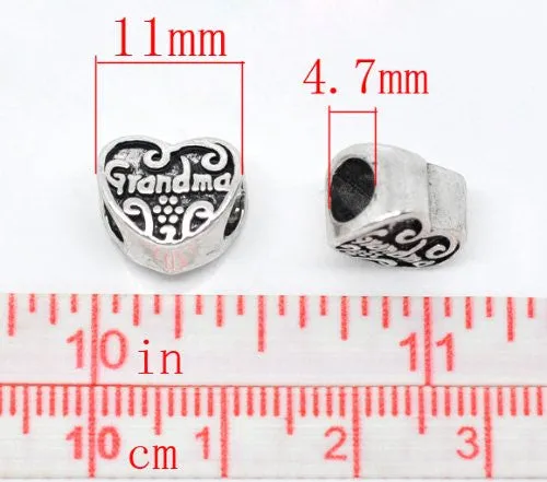 Grandma Heart Bead Spacer for Snake Chain Charm Bracelet