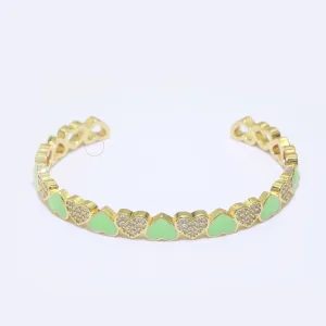 Green Heart Enamel 14k Gold Filled Adjustable Bangle, Gold Cuff Bangle Bracelet Micro Pave Jewelry