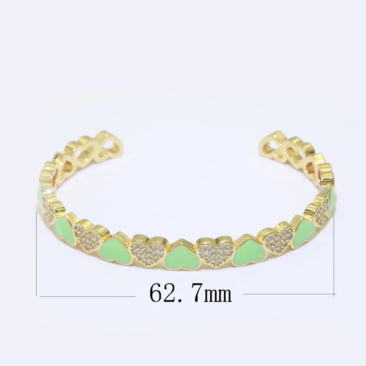 Green Heart Enamel 14k Gold Filled Adjustable Bangle, Gold Cuff Bangle Bracelet Micro Pave Jewelry
