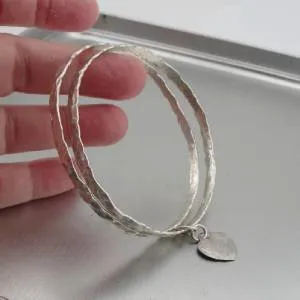 Hadar Designers Two Bangle Bracelets Heart 925 Sterling Silver Handmade (v)