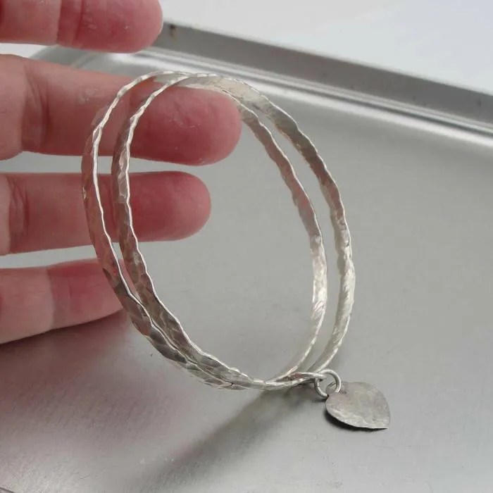 Hadar Designers Two Bangle Bracelets Heart 925 Sterling Silver Handmade (v)