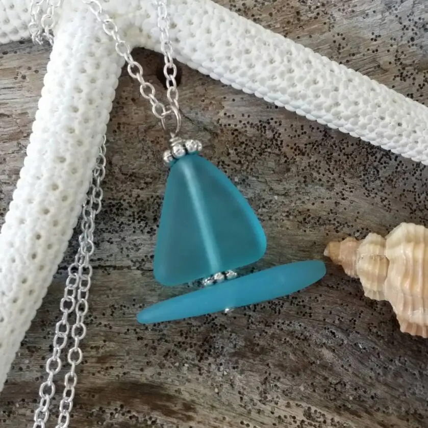 Handmade in Hawaii, Blue sailboat sea glass necklace ,Beach glass necklace,  gift box, Gifts for her.