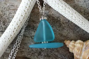 Handmade in Hawaii, Blue sailboat sea glass necklace ,Beach glass necklace,  gift box, Gifts for her.