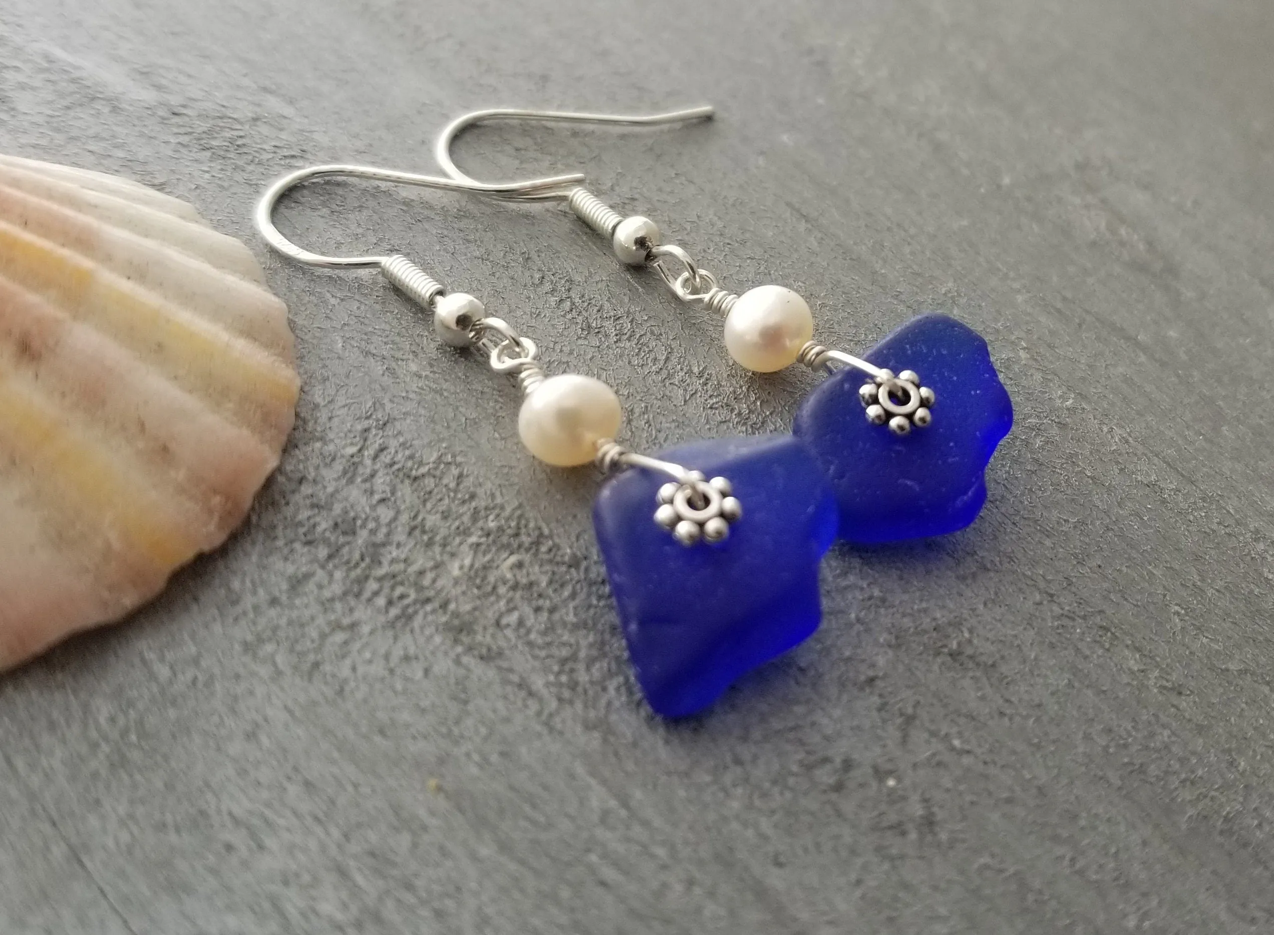 Handmade in Hawaii,, Genuine surf tumbled natural Cobalt sea glass earrings, Rare match for a nice pair, Natural pearl, Birthday Gift