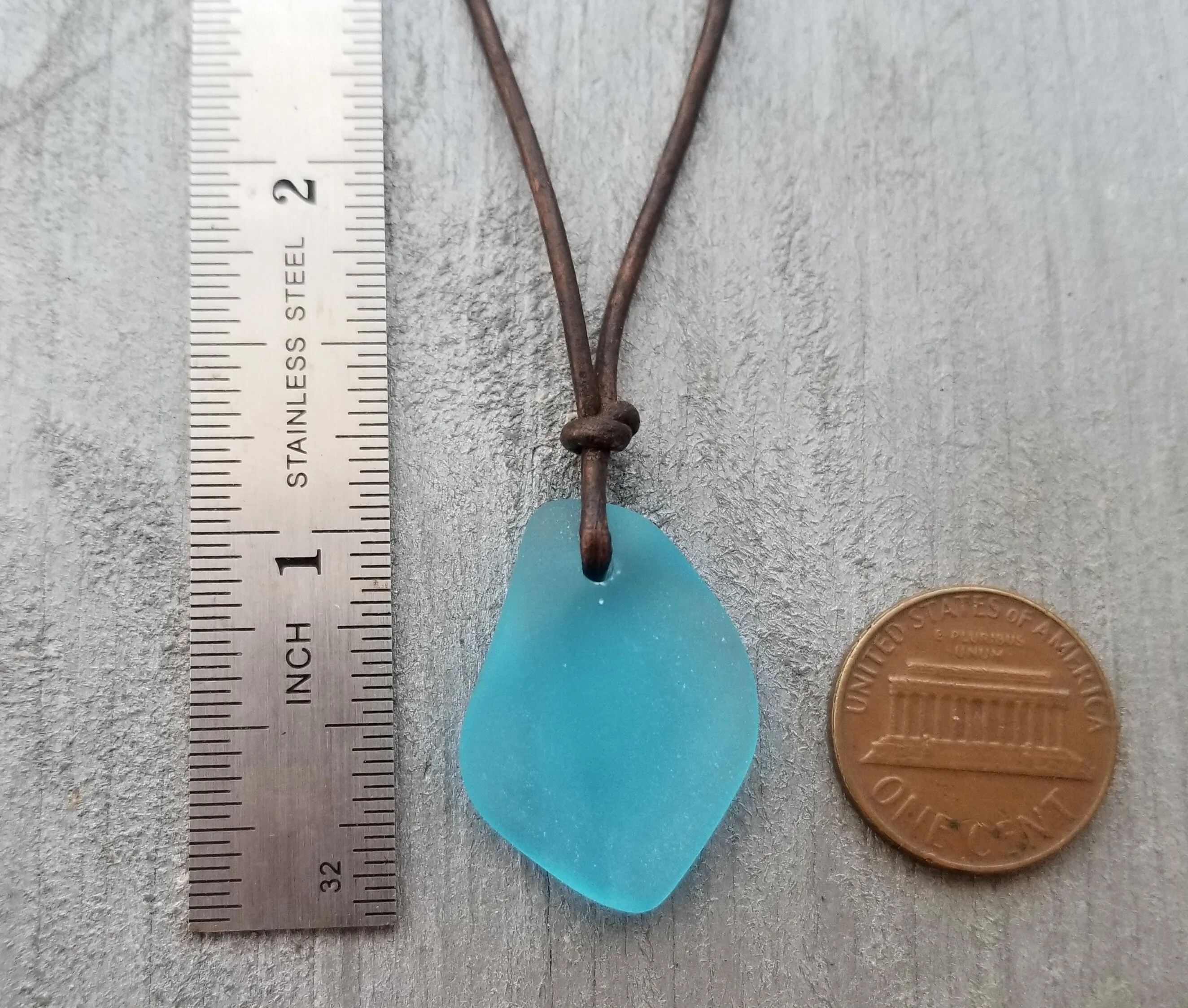 Handmade in Hawaii, leather cord unisex puff blue sea glass necklace, unisex jewelry, birthday gift, sea glass jewelry