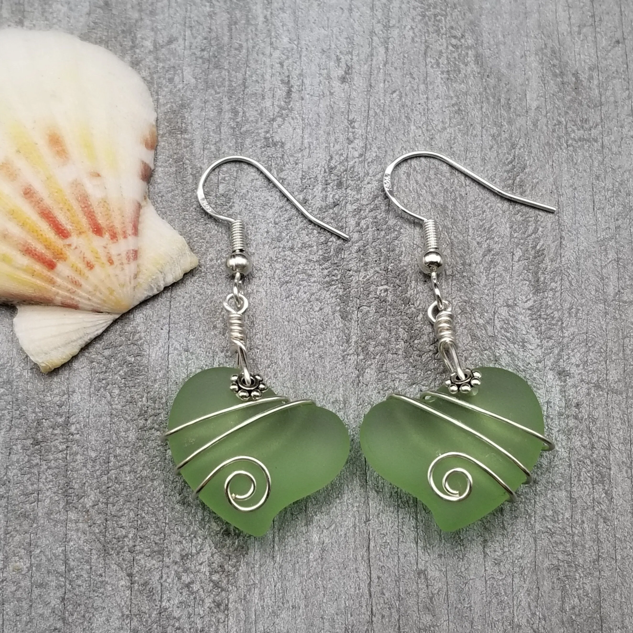 Hawaiian Jewelry Sea Glass Earrings, Wire Twin Heart Earrings Peridot Green Earrings, Beach Jewelry (August Birthstone Jewelry)