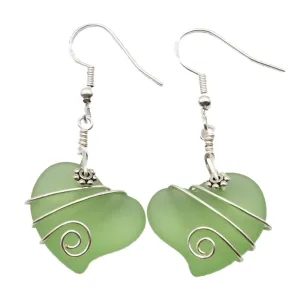 Hawaiian Jewelry Sea Glass Earrings, Wire Twin Heart Earrings Peridot Green Earrings, Beach Jewelry (August Birthstone Jewelry)