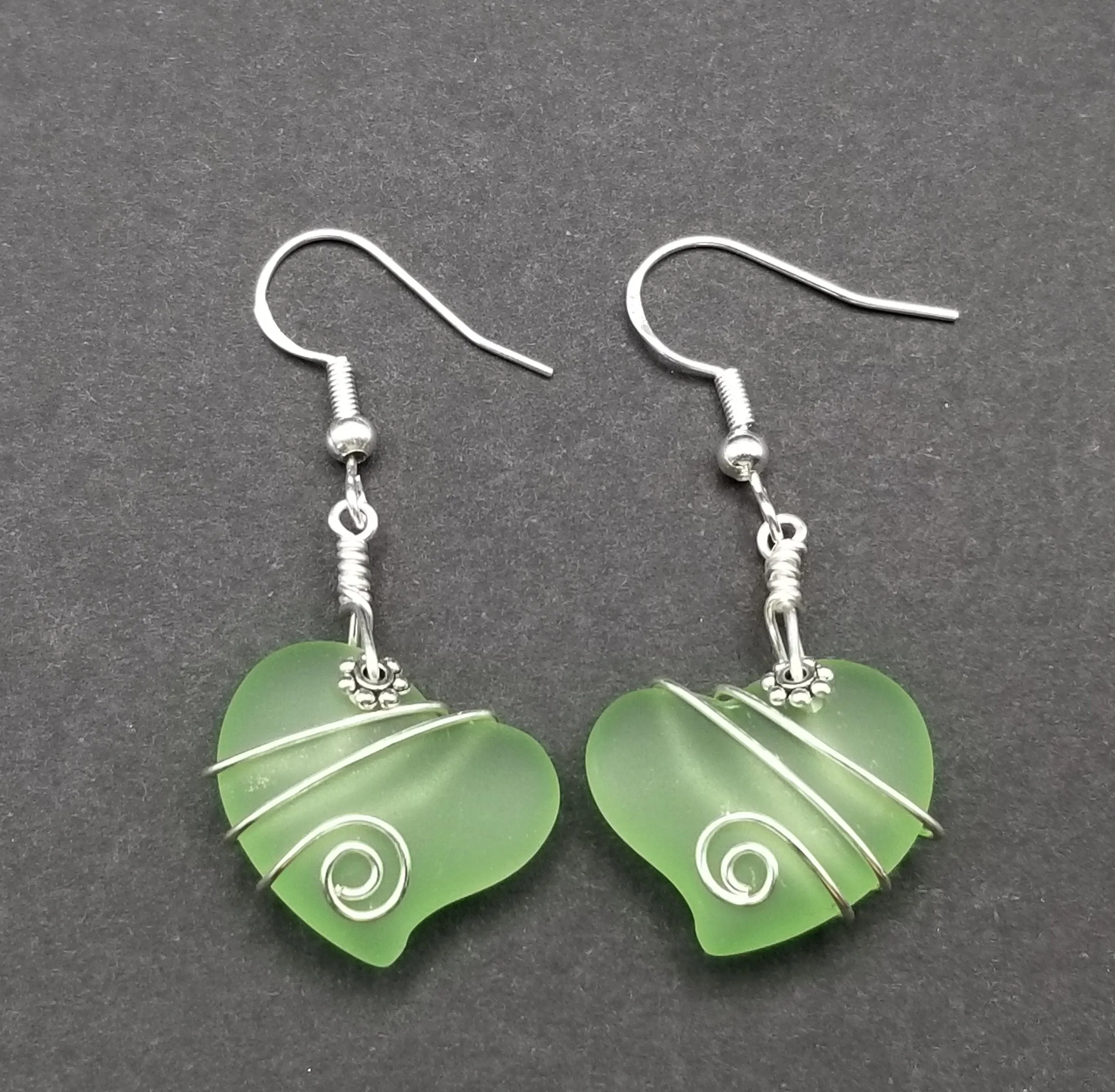 Hawaiian Jewelry Sea Glass Earrings, Wire Twin Heart Earrings Peridot Green Earrings, Beach Jewelry (August Birthstone Jewelry)