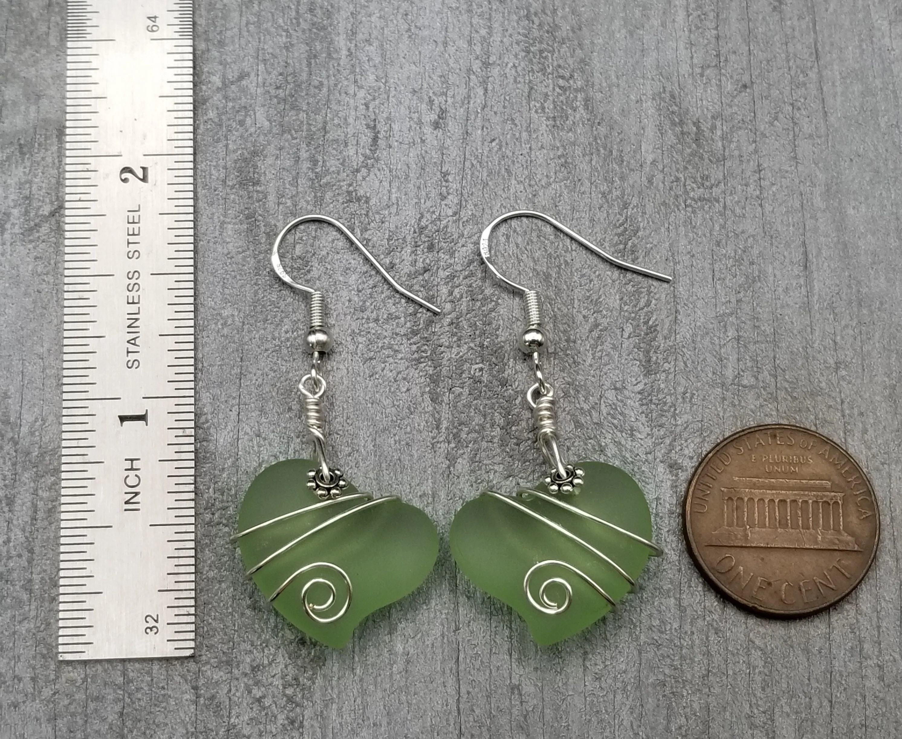 Hawaiian Jewelry Sea Glass Earrings, Wire Twin Heart Earrings Peridot Green Earrings, Beach Jewelry (August Birthstone Jewelry)