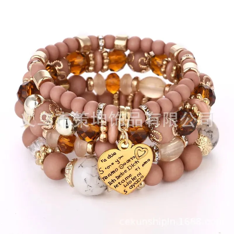Heart Bead Bracelet For Women Fashion Accessories Antique Tassel Multilayer Mixed Color Beaded Bracelet Set Bohemia