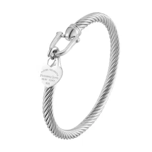 Heart Charm Stainless Steel Cable Wire Cuff Bangle Bracelet