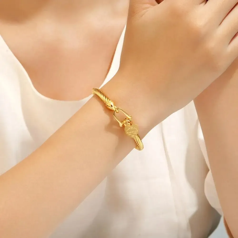 Heart Charm Stainless Steel Cable Wire Cuff Bangle Bracelet