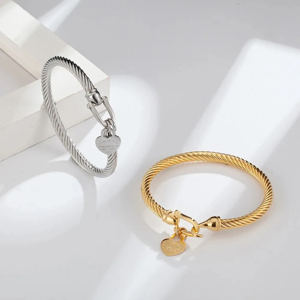 Heart Charm Stainless Steel Cable Wire Cuff Bangle Bracelet