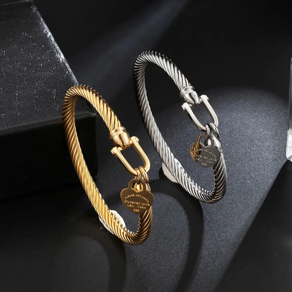 Heart Charm Stainless Steel Cable Wire Cuff Bangle Bracelet