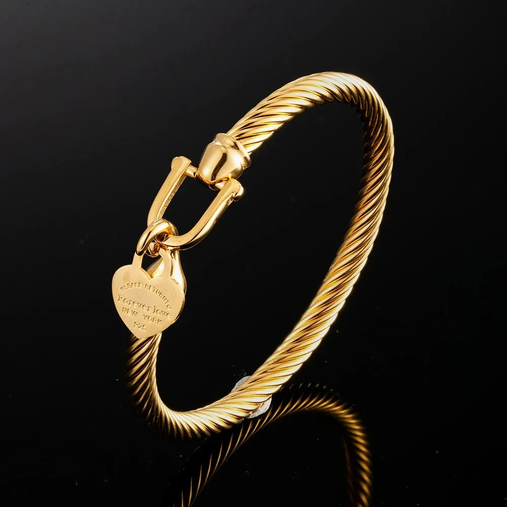 Heart Charm Stainless Steel Cable Wire Cuff Bangle Bracelet