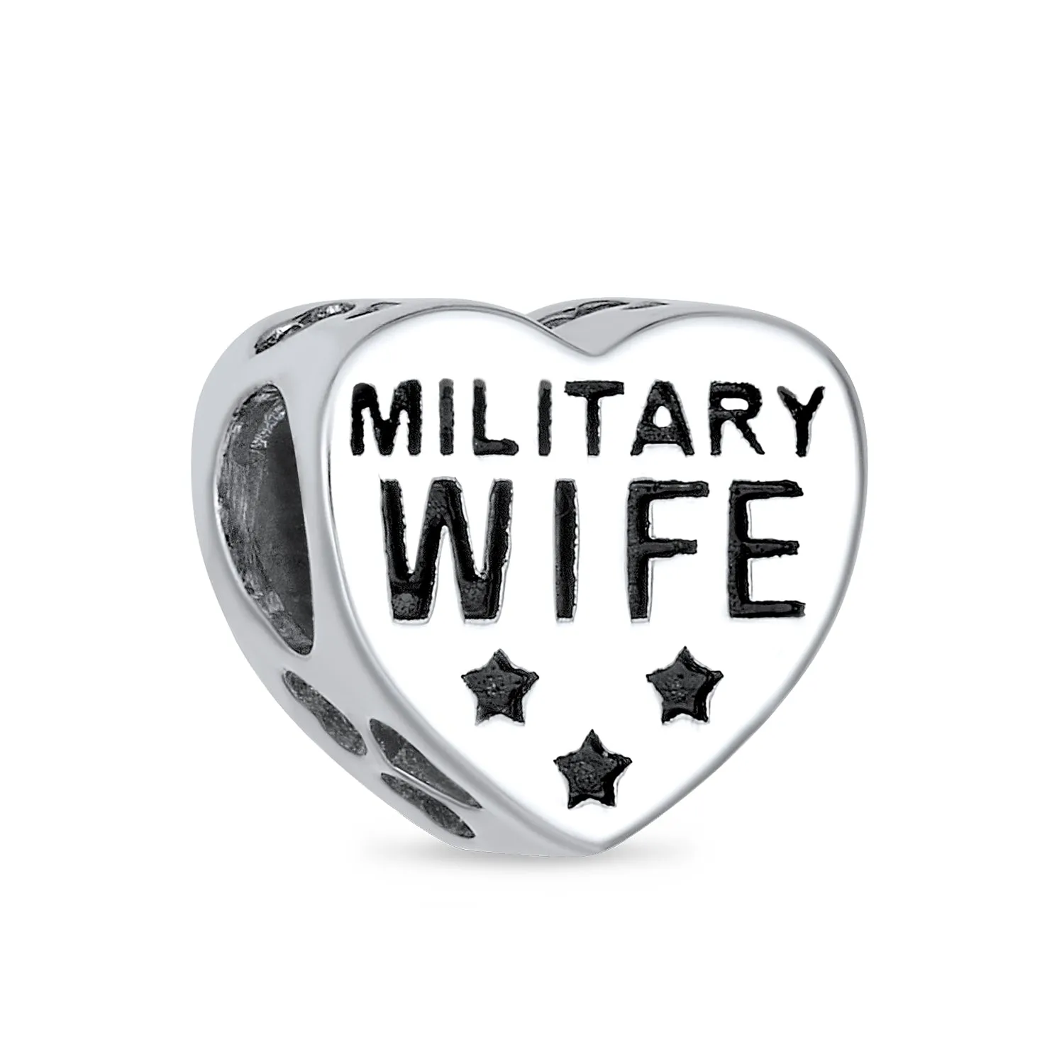 Heart Shape USA Flag Military Wife Charm Bead Sterling Silver for Bracelet
