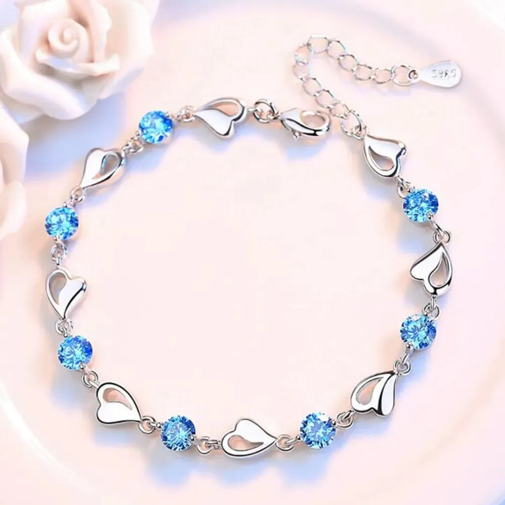 Heart-Shaped Cubic Zirconia 925 Silver Women's Bracelet