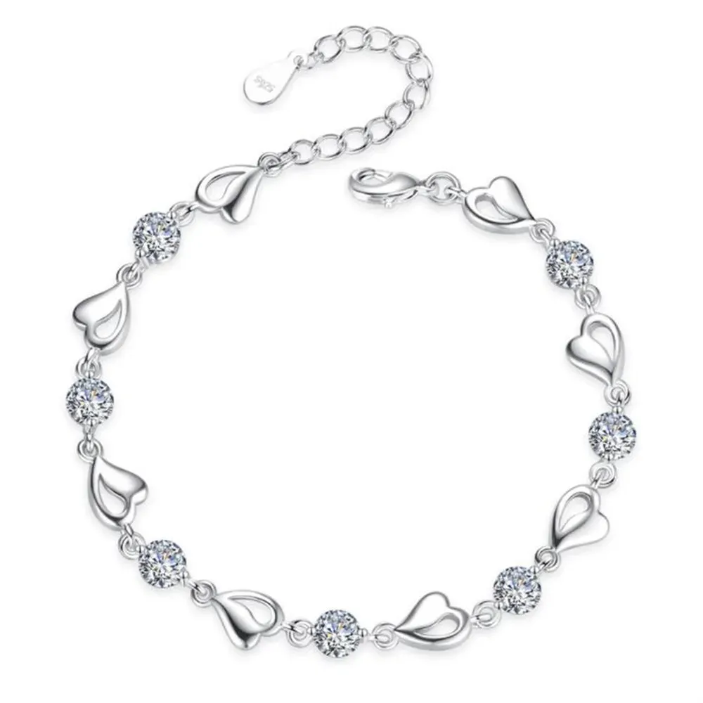 Heart-Shaped Cubic Zirconia 925 Silver Women's Bracelet