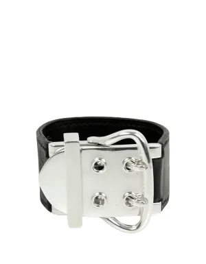 Hermes Black Leather & Sterling Wide Buckle Bracelet sz XS