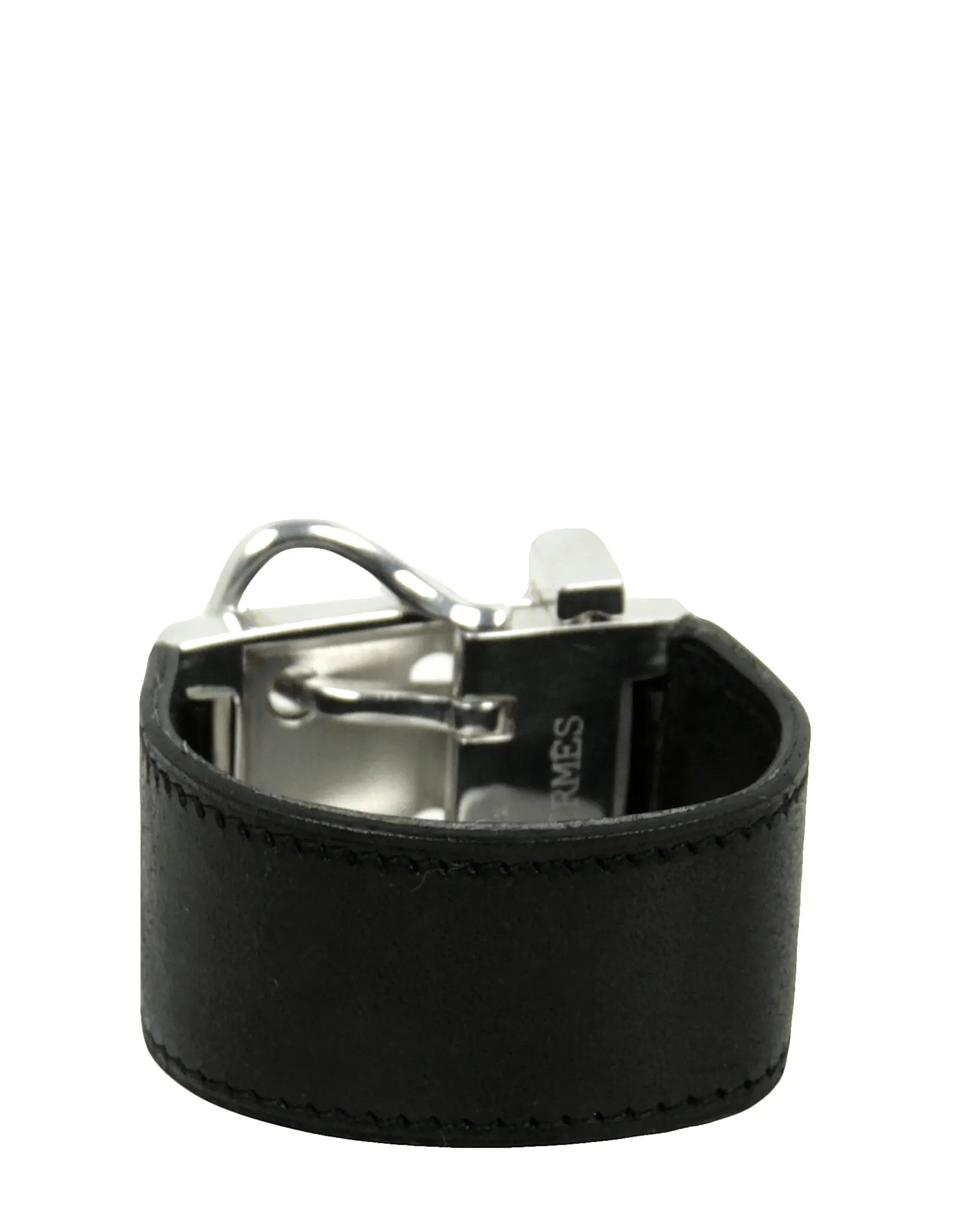 Hermes Black Leather & Sterling Wide Buckle Bracelet sz XS