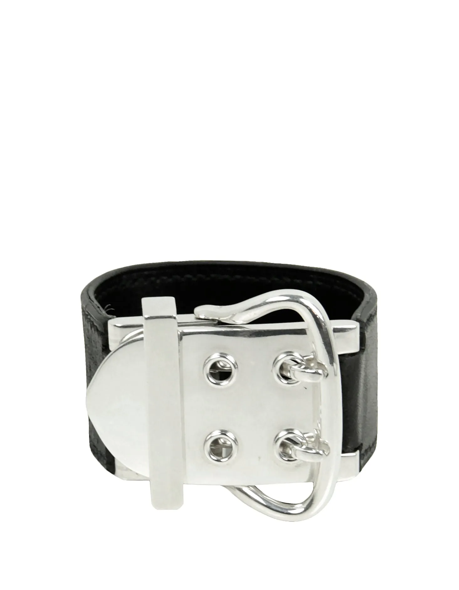 Hermes Black Leather & Sterling Wide Buckle Bracelet sz XS