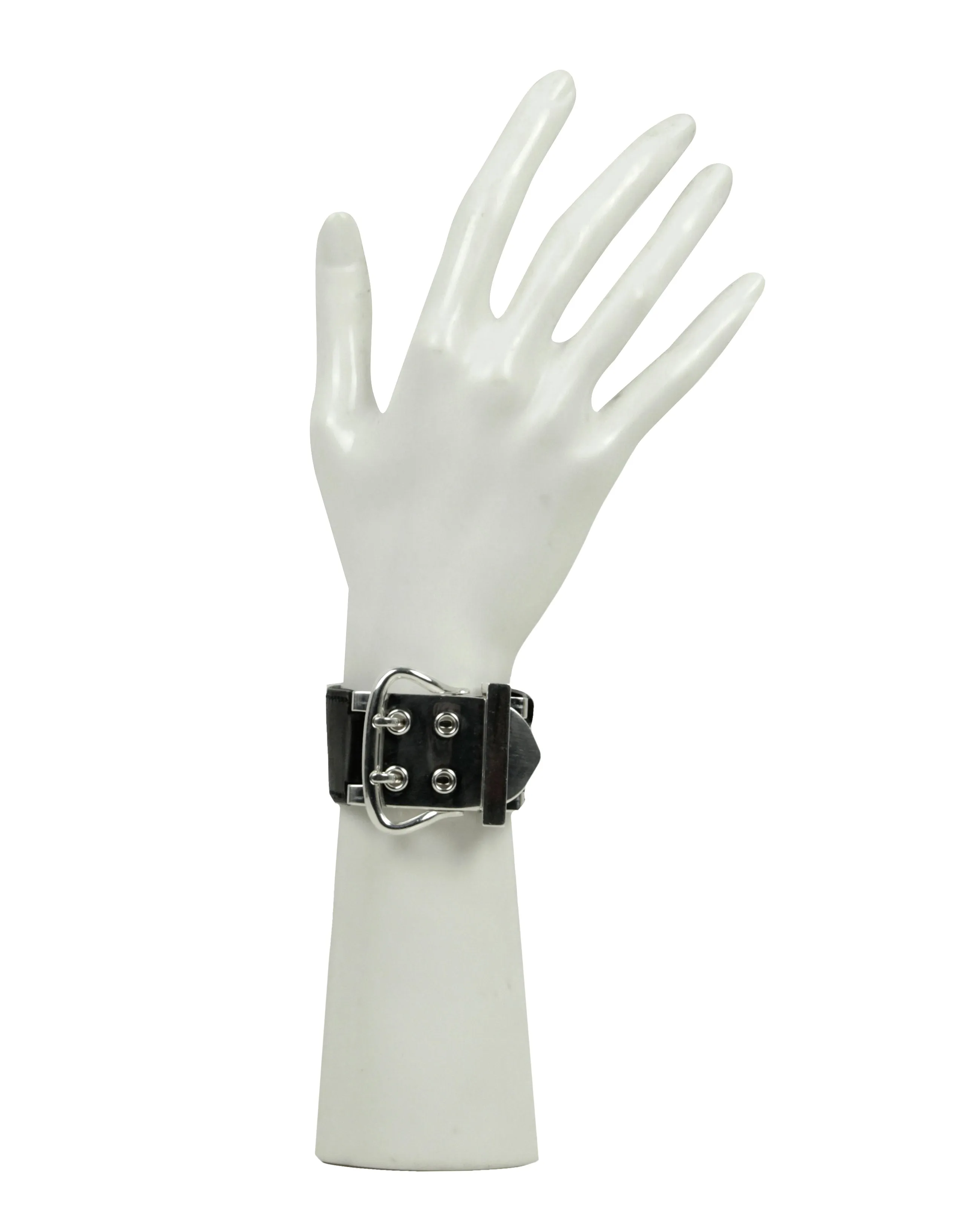 Hermes Black Leather & Sterling Wide Buckle Bracelet sz XS