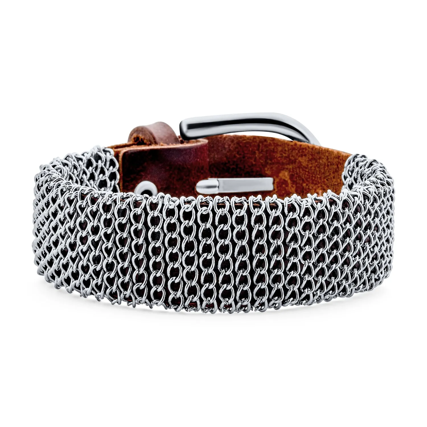 Hip Hop Wrap Bracelet Punk Rocker Metal Mesh Chain with Brown Leather Buckle