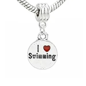 I Love Swimming Charm Dangle European Bead Compatible for Most European Snake Chain Bracelet