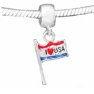 I Love USA Flag Dangle Charm European Bead Compatible for Most European Snake Chain Bracelet