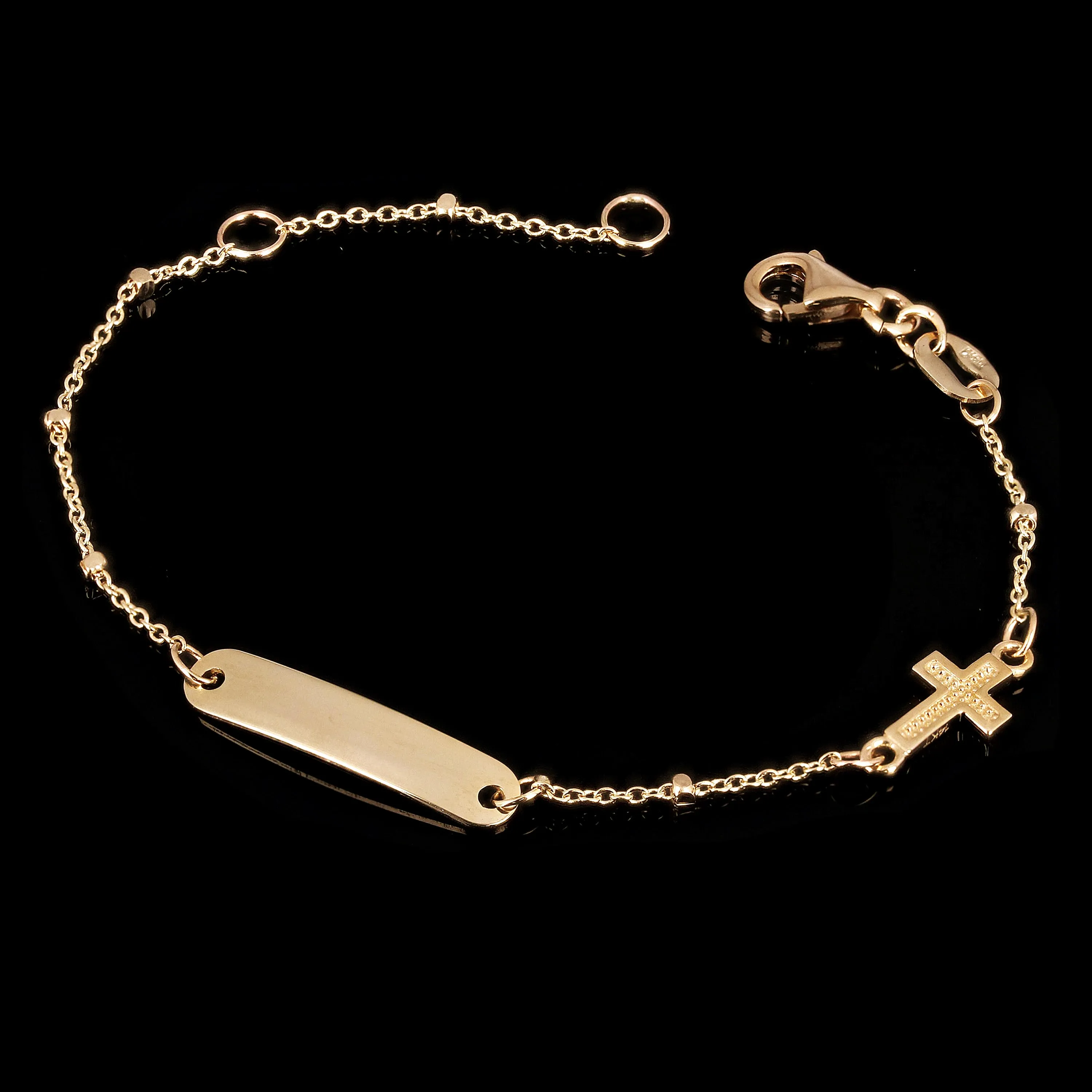 Italian 14k Yellow Gold Engravable Rosary Cross Baby Kids ID Bracelet