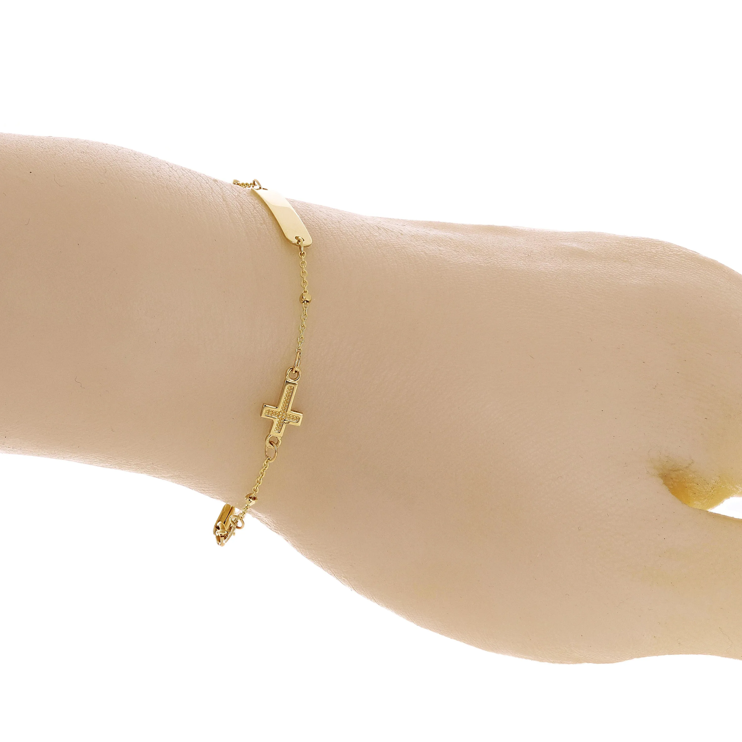 Italian 14k Yellow Gold Engravable Rosary Cross Baby Kids ID Bracelet