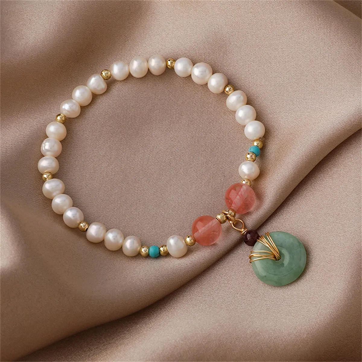 Jade & Pearl 18K Gold-Plated Bead Charm Stretch Bracelet