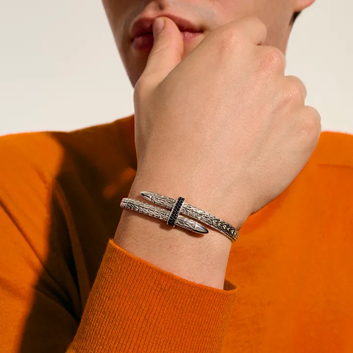 John Hardy Spear Sterling Silver Flex Cuff with Treated Black Sapphire