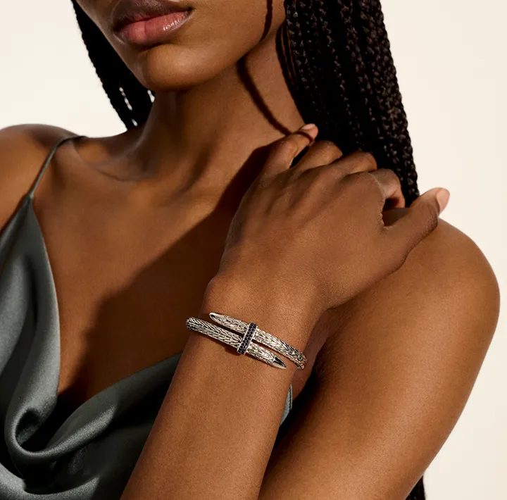 John Hardy Spear Sterling Silver Flex Cuff with Treated Black Sapphire