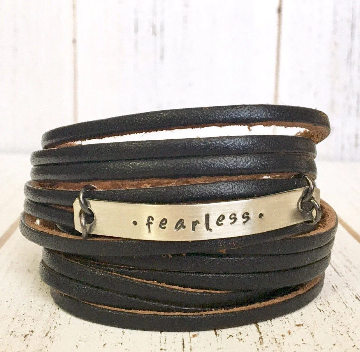 Just Breathe Black Leather & Silver Bar Wrap Bracelet, adjustable
