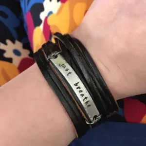 Just Breathe Black Leather & Silver Bar Wrap Bracelet, adjustable